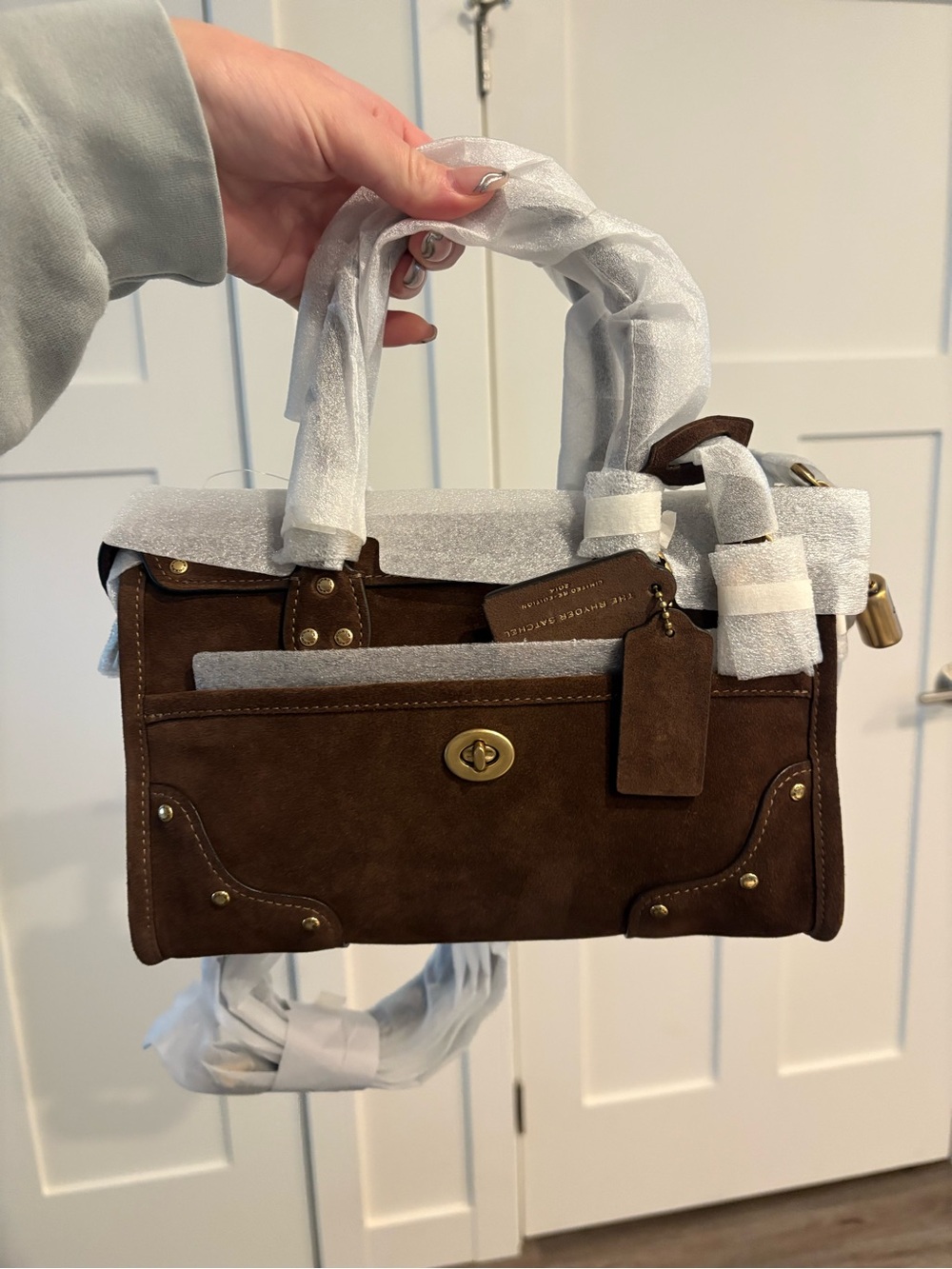 Brown Suede Top-Handle Satchel Bag